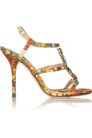 Embellished floral-brocade sandals